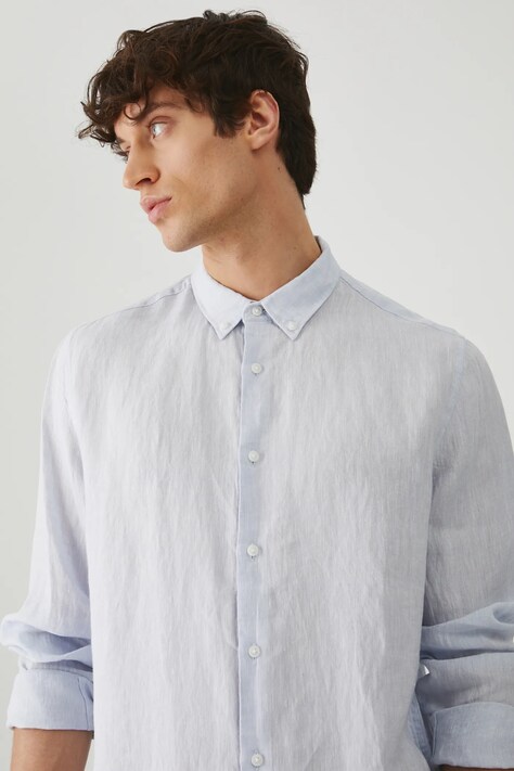 Lněná košile Medicine pánská, modrá barva, regular, s límečkem button-down
