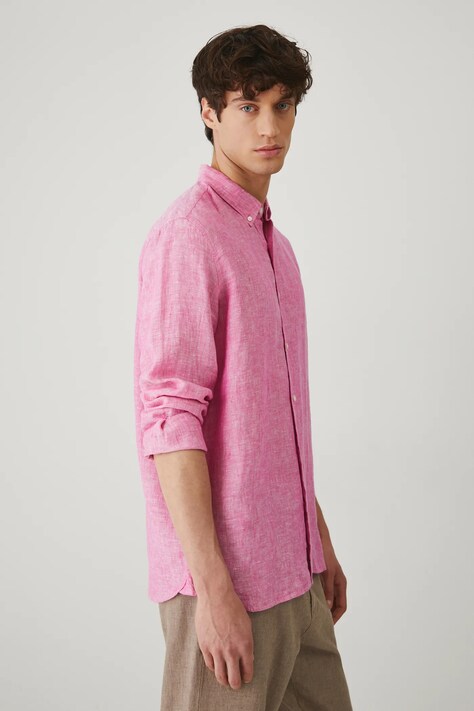 Koszula lniana męska z kołnierzykiem button-down kolor różowy
