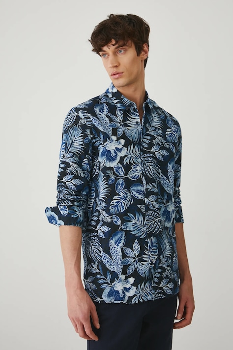 Сорочка з льону Medicine чоловіча колір синій regular класичний комір