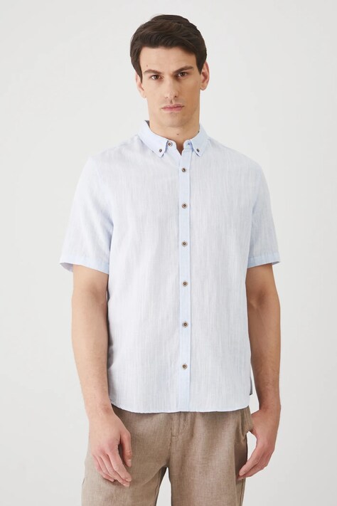 Koszula lniana męska z kołnierzykiem button-down kolor niebieski