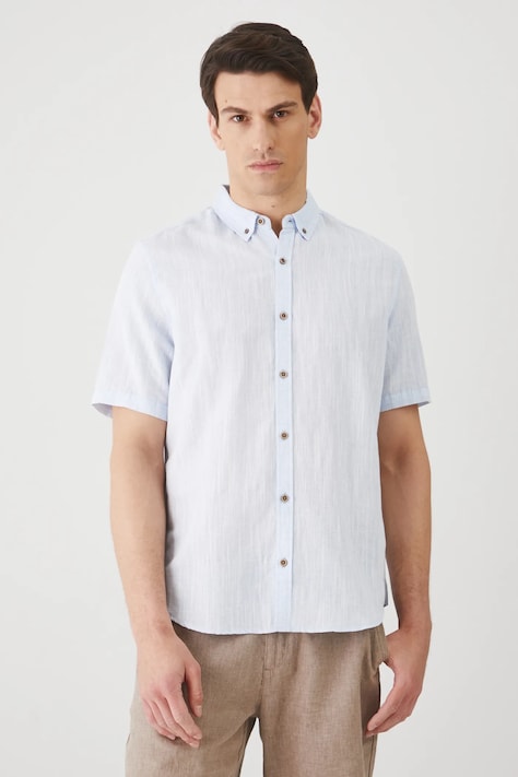 Koszula lniana męska z kołnierzykiem button-down kolor niebieski