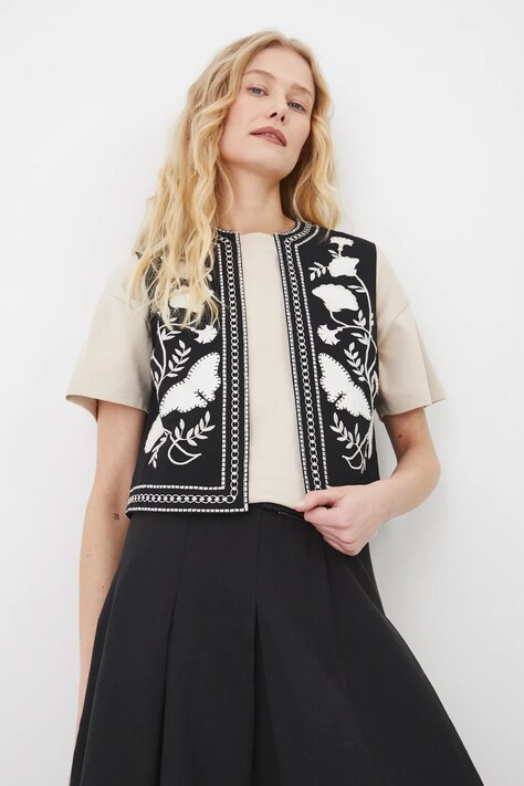 Kamizelka bawełniana damska z ozdobnym haftem kolor czarny