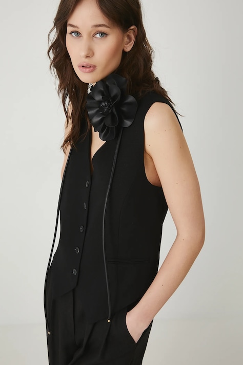 Kamizelka z domieszką lnu damska gładka kolor czarny