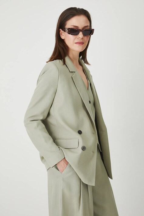 Sako s prímesou ľanu Medicine zelená farba, dvojradový, jednofarebná