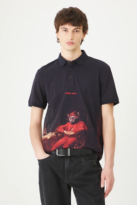 Polo bawełniane męskie z elastanem z kolekcji Dzień Kota kolor czarny