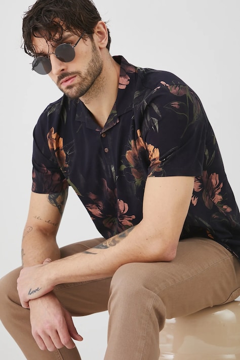 Polo bawełniane męskie z elastanem w kwiaty kolor czarny