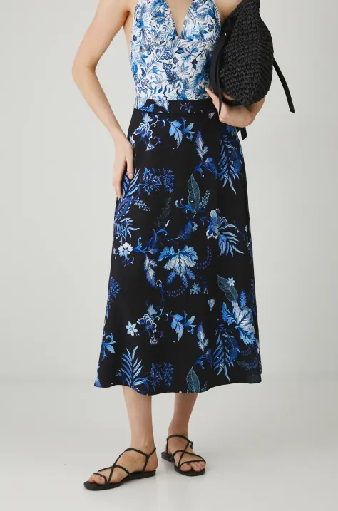 Пола с лен Medicine в черно дълга разкроена