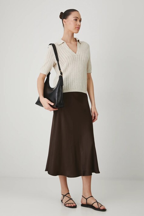 Suknja Medicine boja: smeđa, midi, širi se prema dolje