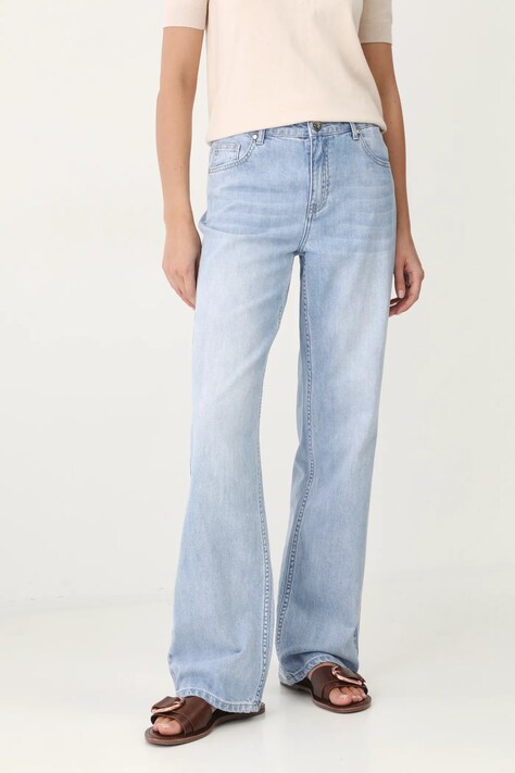Jeansy bawełniane damskie wide leg z efektem sprania kolor niebieski