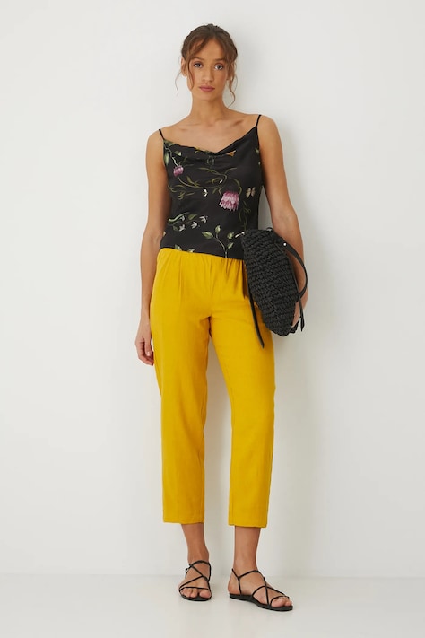 Lněné kalhoty dámské chino, hladký povrch žlutá barva