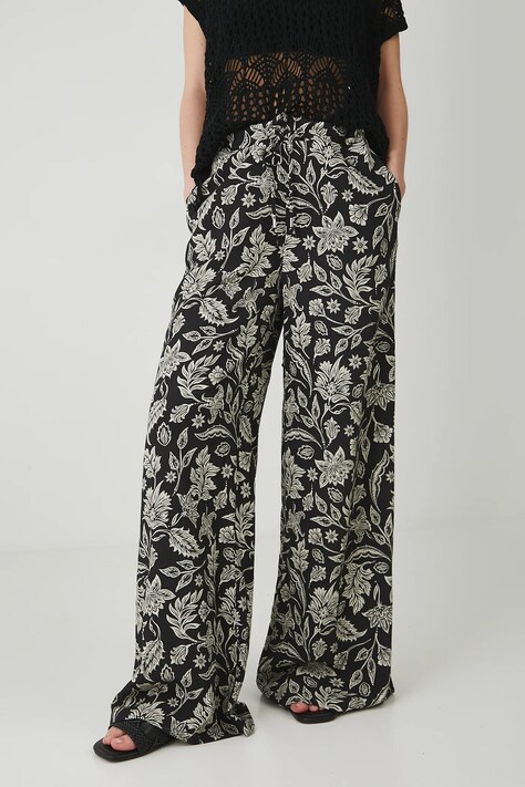 Medicine pantaloni din amestec de in femei, culoarea negru, lat, medium waist