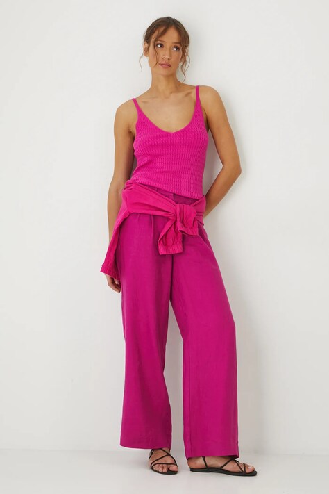 Lněné kalhoty Medicine dámské, růžová barva, široké, medium waist