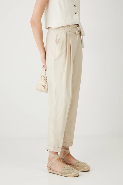 Kalhoty s příměsí lnu Medicine dámské, béžová barva, high waist