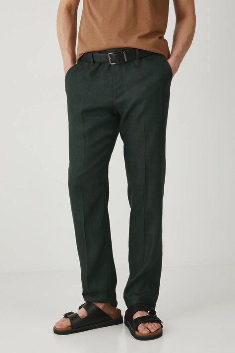 Medicine spodnie lniane męskie kolor zielony dopasowane
