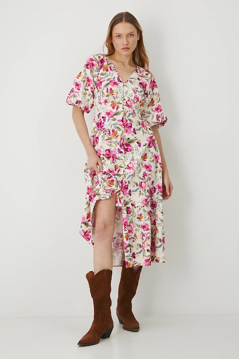 Сукня з домішкою льону Medicine колір бежевий midi розкльошена