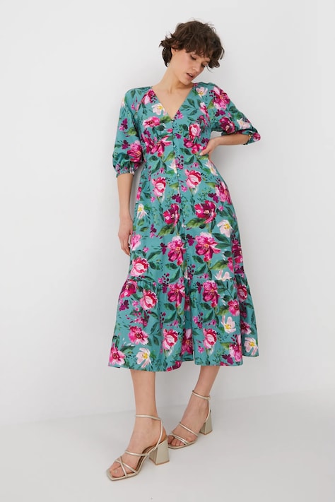 Рокля с лен Medicine в тюркоазено среднодълга разкроена