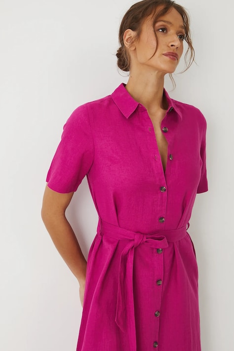 Sukienka lniana damska midi z paskiem kolor różowy