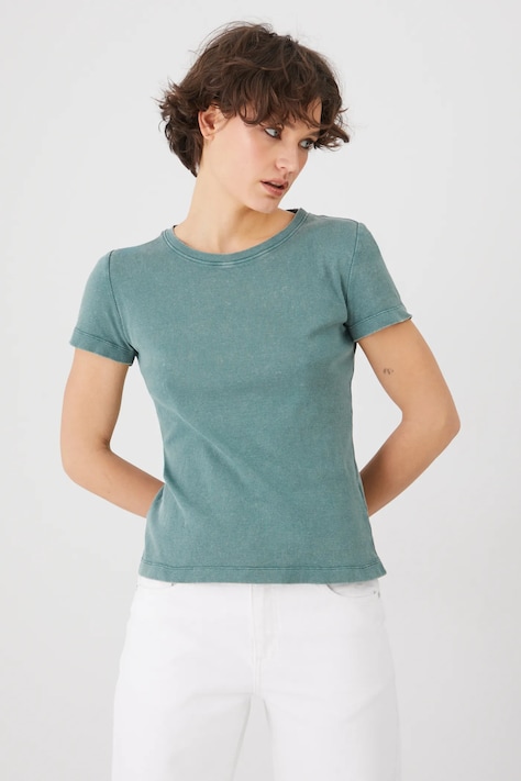 T-shirt damski z elastanem prążkowany kolor zielony