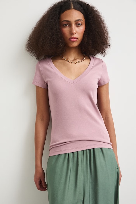 T-shirt damski prążkowany z modalem kolor różowy
