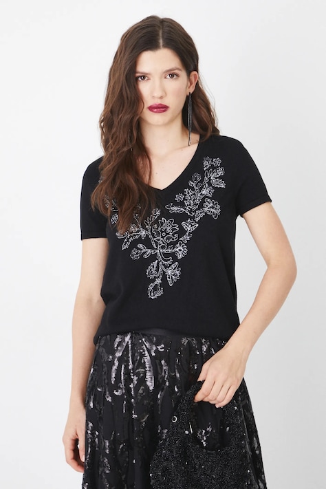 T-shirt damski z ozdobną aplikacją kolor czarny