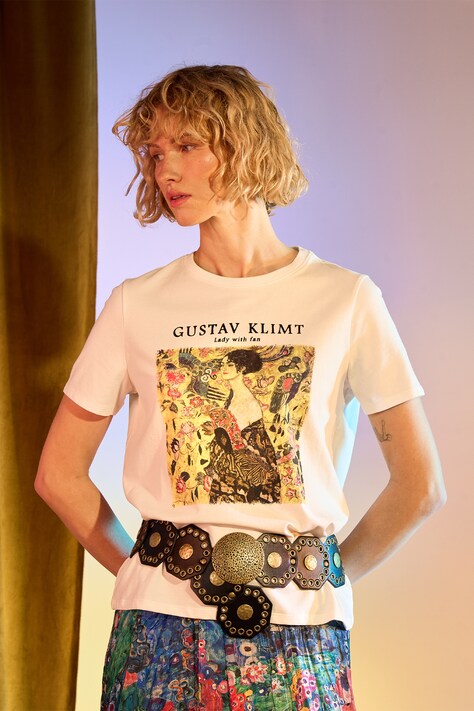 T-shirt bawełniany damski z kolekcji Eviva L'arte z elastanem kolor beżowy