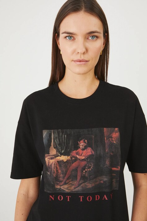 T-shirt bawełniany damski z elastanem z kolekcji Dzień Kota kolor czarny