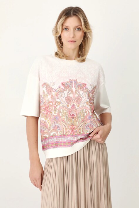 T-shirt bawełniany damski wzorzysty interlock kolor beżowy