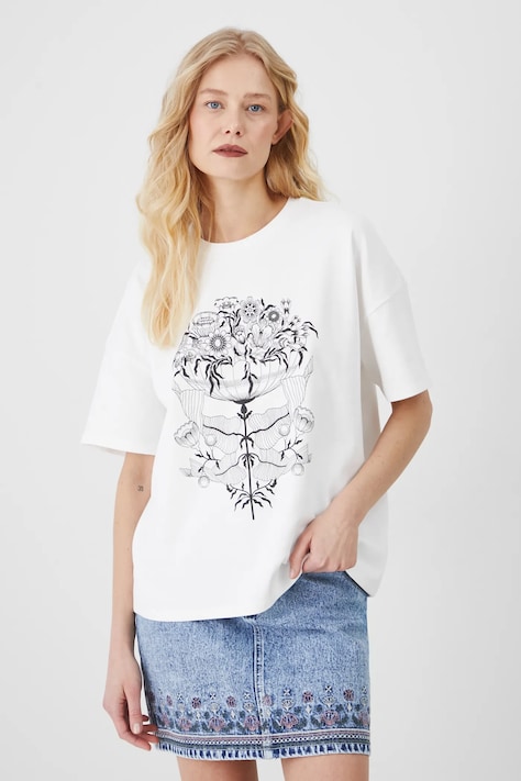 T-shirt bawełniany damski z nadrukiem interlock kolor biały