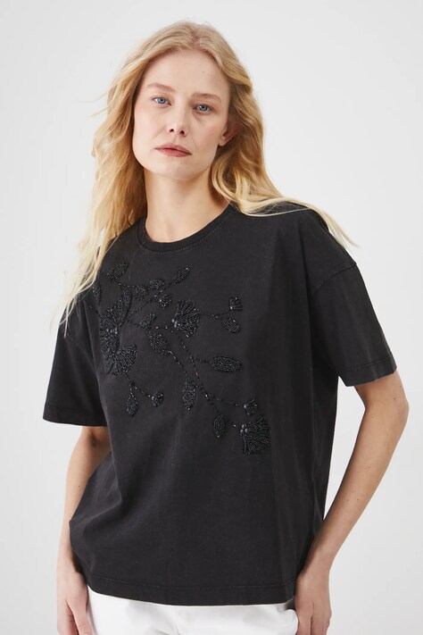 T-shirt bawełniany damski z ozdobną aplikacją kolor szary