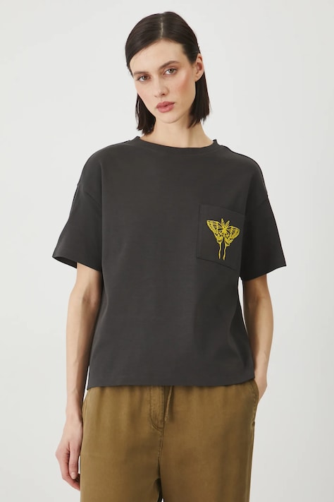 T-shirt bawełniany damski interlock z ozdobnym haftem kolor szary
