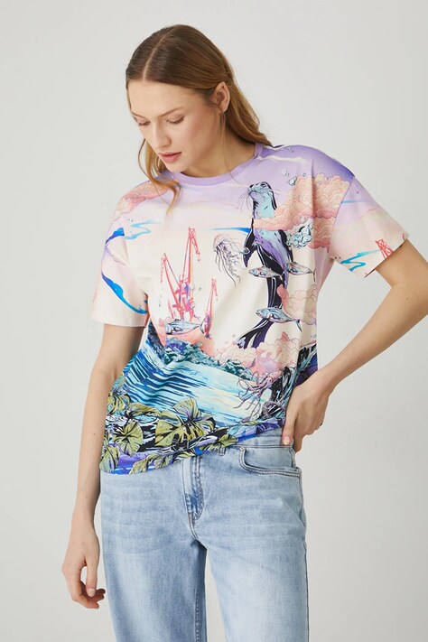 T-shirt bawełniany damski wzorzysty kolor multicolor