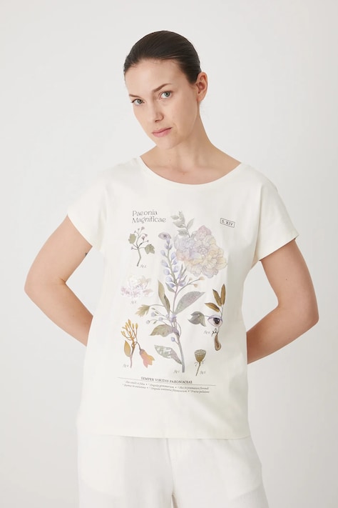 T-shirt bawełniany damski z elastanem z aplikacją kolor beżowy