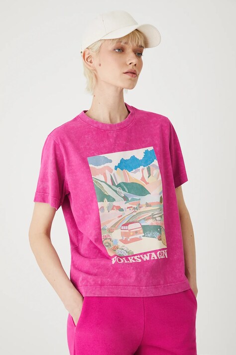 T-shirt bawełniany damski Volkswagen kolor fioletowy