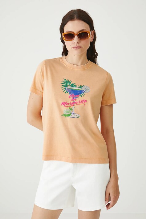 T-shirt bawełniany damski z efektem sprania kolor pomarańczowy