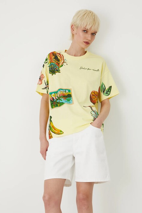 Bavlněné tričko dámské s potiskem a výšivkou žlutá barva