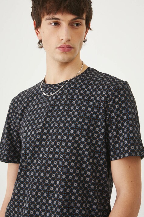 T-shirt bawełniany męski z elastanem z drobnym wzorem kolor czarny