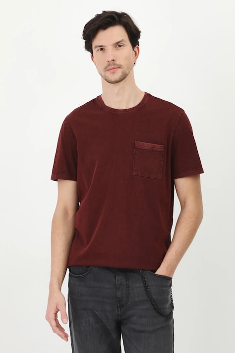 T-shirt bawełniany męski z efektem sprania kolor bordowy