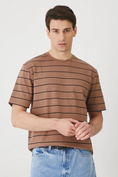 T-shirt bawełniany męski w pasy interlock kolor brązowy