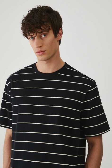 T-shirt bawełniany męski w pasy interlock kolor czarny