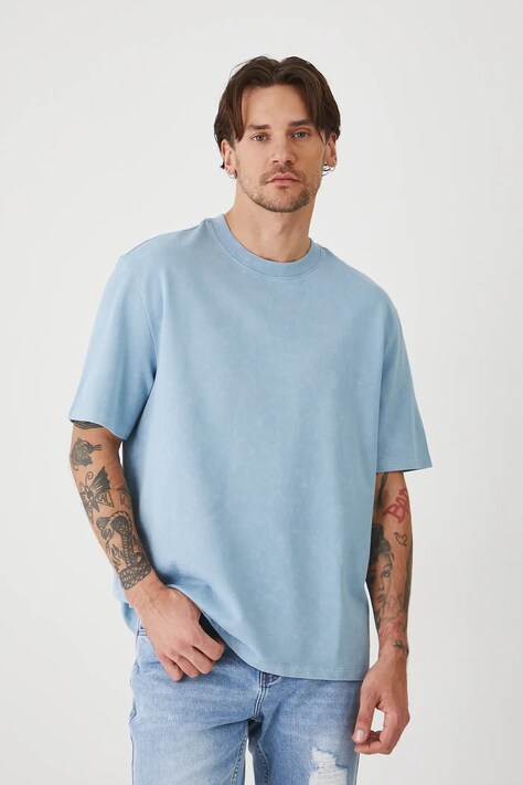 T-shirt bawełniany męski z efektem sprania kolor niebieski