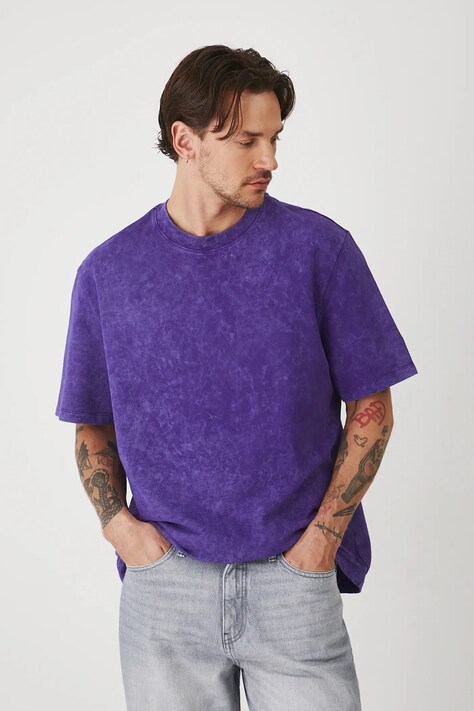 T-shirt bawełniany męski z efektem sprania kolor fioletowy