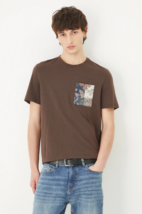 T-shirt bawełniany męski z elastanem z nadrukiem kolor brązowy