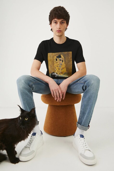 T-shirt bawełniany męski z kolekcji Dzień Kota kolor czarny