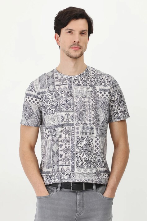 T-shirt bawełniany męski wzorzysty kolor beżowy