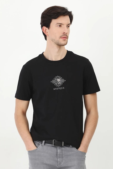 T-shirt bawełniany męski z elastanem z nadrukiem kolor czarny
