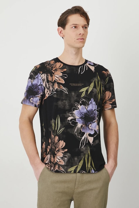 T-shirt bawełniany męski w kwiaty kolor czarny