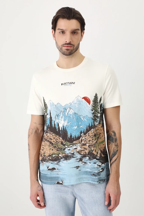 T-shirt bawełniany męski z nadrukiem kolor beżowy