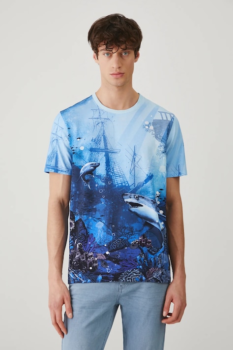 T-shirt bawełniany męski z elastanem wzorzysty kolor multicolor