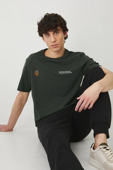 T-shirt bawełniany męski z elastanem z nadrukiem kolor zielony