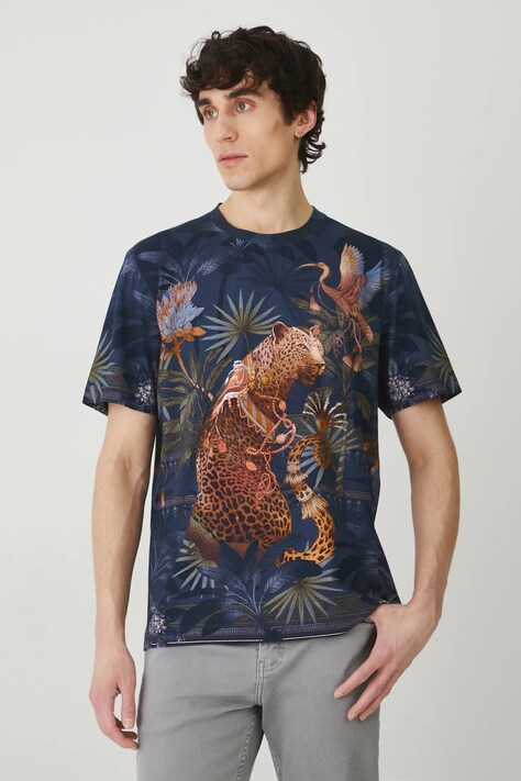 T-shirt bawełniany męski z elastanem wzorzysty kolor granatowy